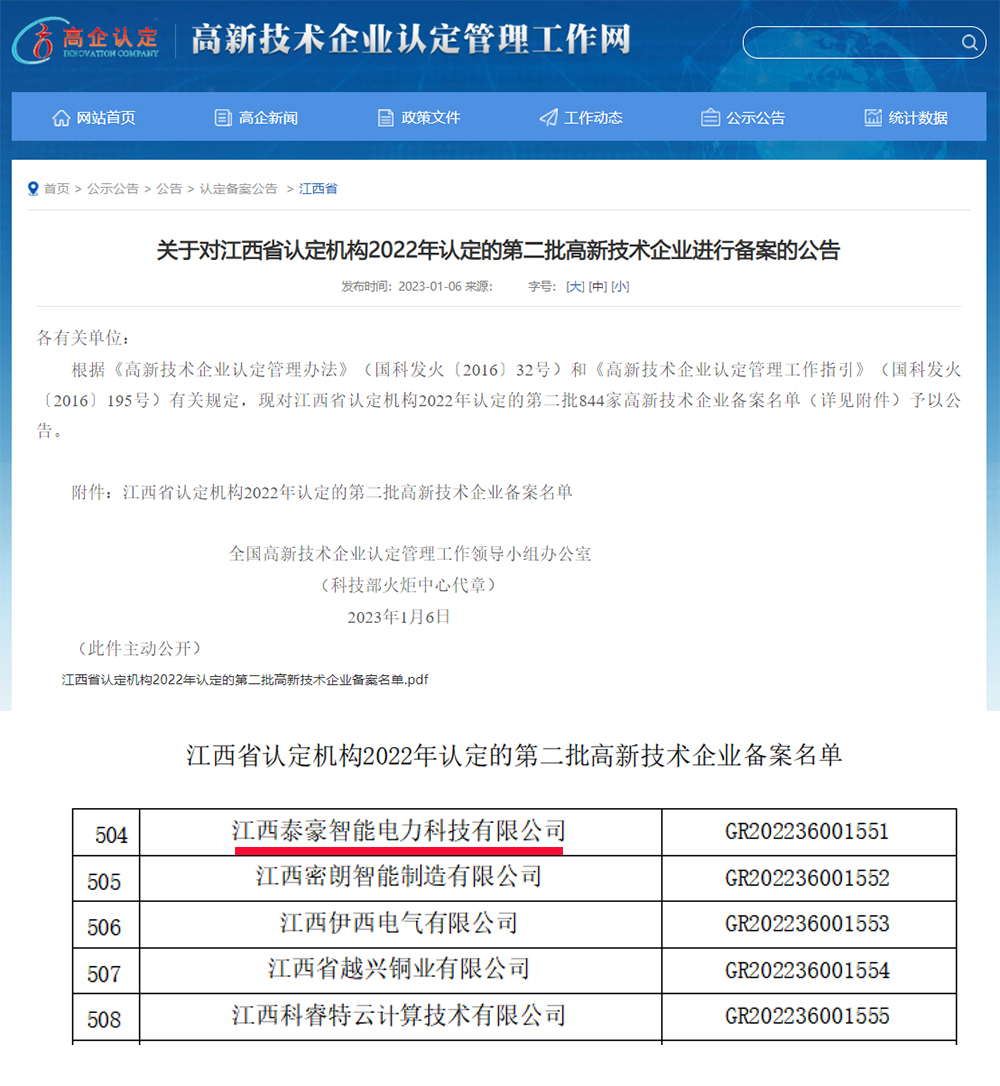 科技展宏“兔”｜泰豪智能电气江西电力科技公司荣获“高新技术企业”认定(图1)